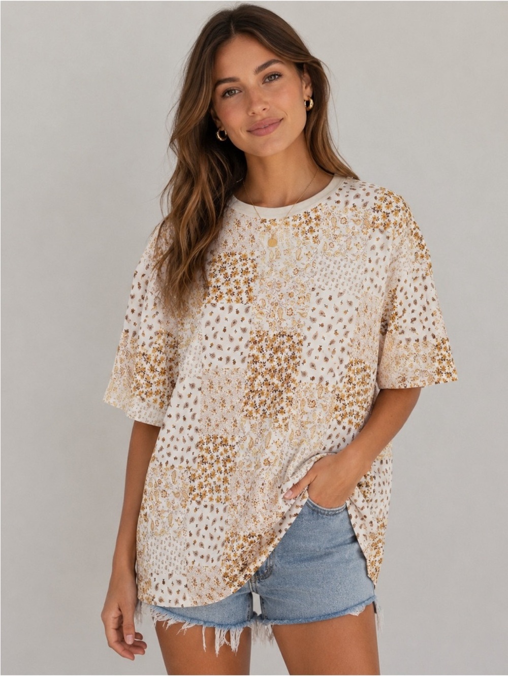 American Eagle S White Yellow Floral Paisley Patchwork Print Oversized Tee NWT
